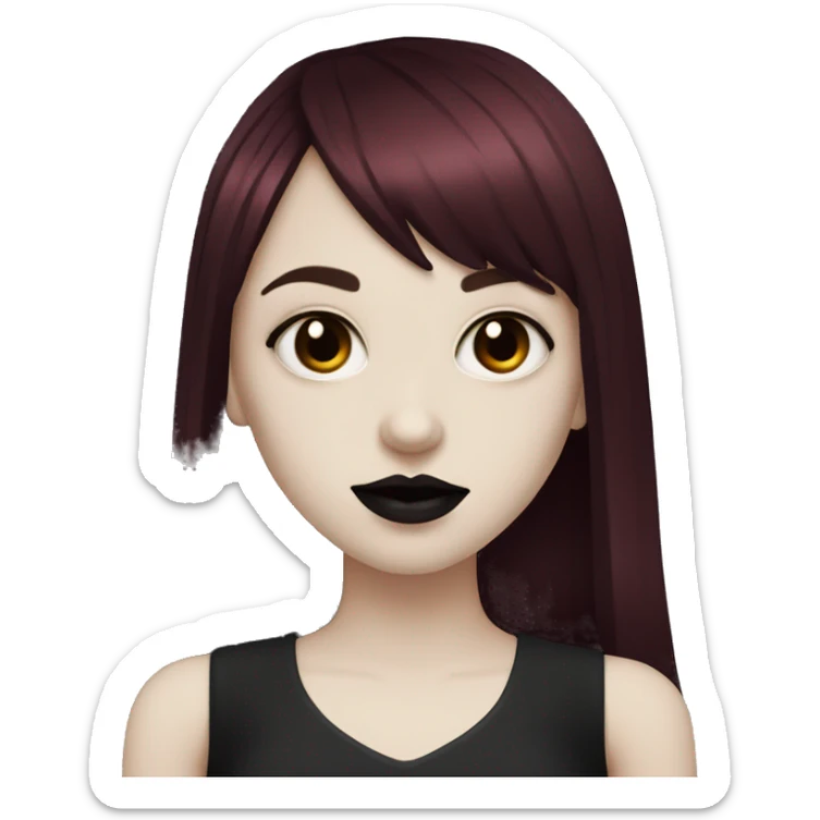 goth girl that has pale white skin and Long Dark Red hair and has dark red fringe bangs and has dark lipstick sticker