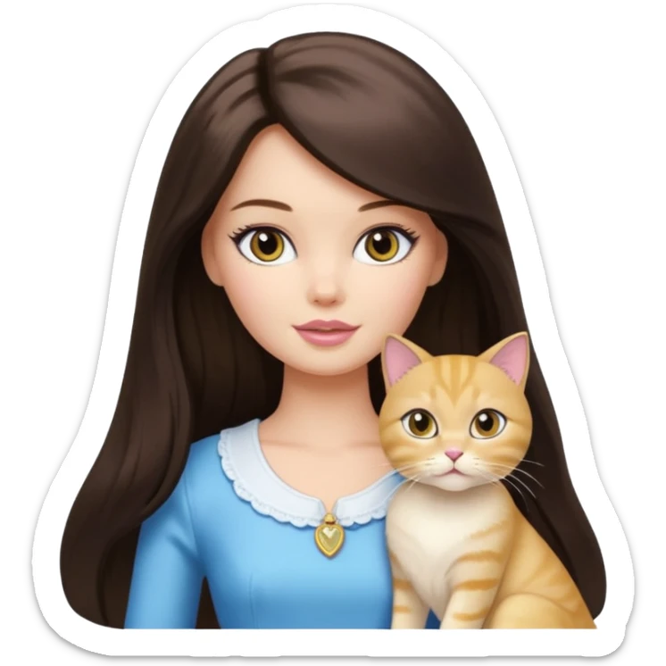 White Barbie girl dark brown long hair with British gold cat sticker