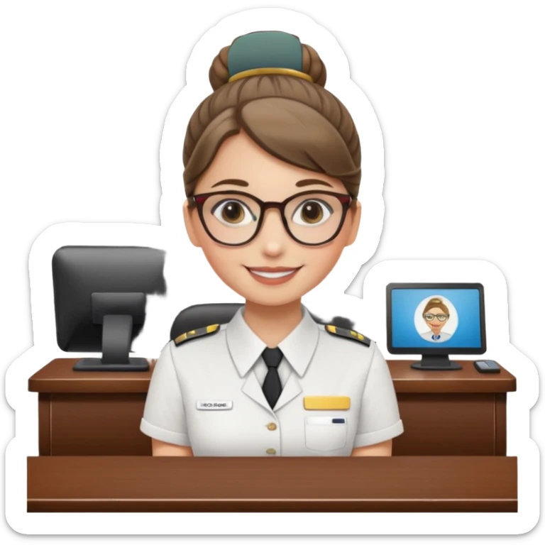 Young girl, bun hair, wearing uniform of reception with hotel name badge, glasses, stand behind the desk

 sticker
