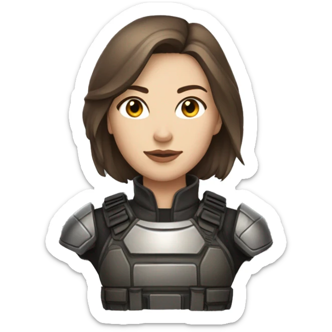 A fierce, young woman with a petite and slender build, pale, and shoulder-length, brown hair with a silver strand. She’s wearing dark, tactical battle gear. sticker