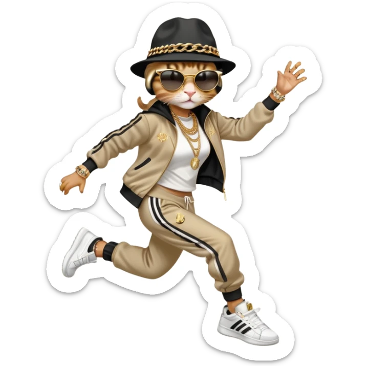 female cat jumping, Run DMC hip-hop outfit, tracksuit, fedora, Adidas sneakers, dark sunglasses, many gold chains, bling accessories rings bracelets earrings sticker