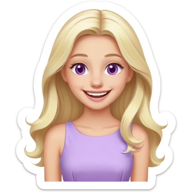 laughing Luxury blonde model, hazel eyes, sleek long hair, pastel purple dress sticker