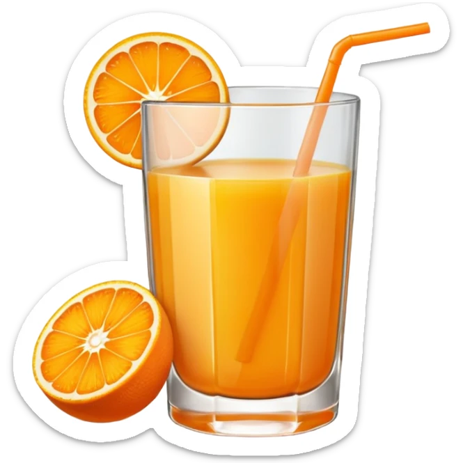 A glas of orange juice. Without a straw. With a slice of orange next to it on the bottom sticker