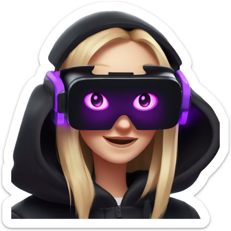 Russian girl wearing black hoody with violet letters "OMG", in vr headset oculus quest2. Dancing. Cyberpunk style. Violet neon. sticker