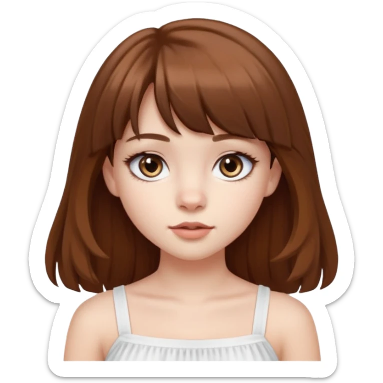 Pale skinned waisian girl with brown hair and dark brown eyes. She has bangs and her hair is slightly big wavy and long. She has big cat looking eyes and long lashes. Make her wear a white tube top. sticker
