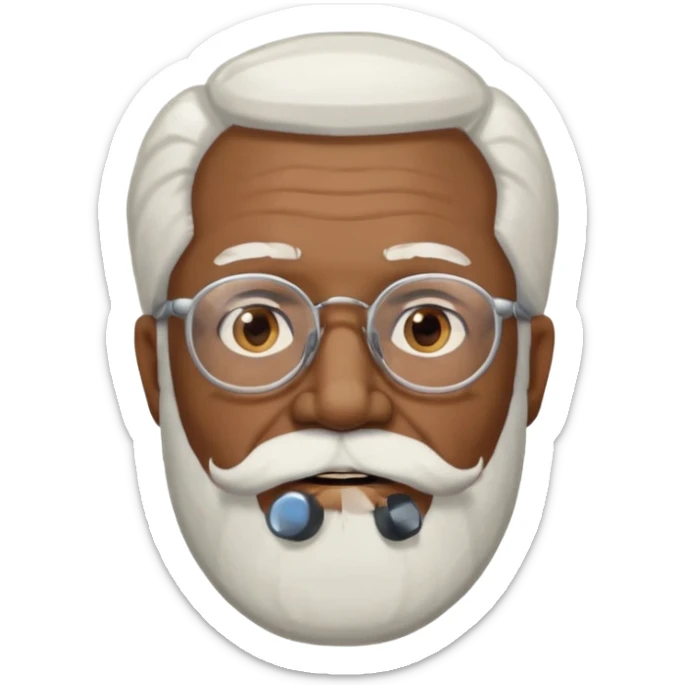 An elderly man emoji with medium-dark skin tone, long face, white hair on the sides, glasses, light eyebrows, and a light white beard. sticker