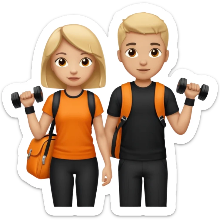 light skin students girl and boy with school bag full of books on back and dumbell in hand. Clothes are in black and orange colours  sticker