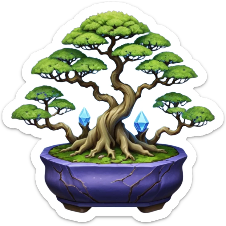 Cracked Futuristic wild glowing space alien moss maples shohin Bonsai hair-pine-leaf group multi faceted intricate hobbit-inspired boxwood purple blue informal rocky cliffhanger eight trees forest planting in shallow willow slab style pot with big animal-like feet  sticker