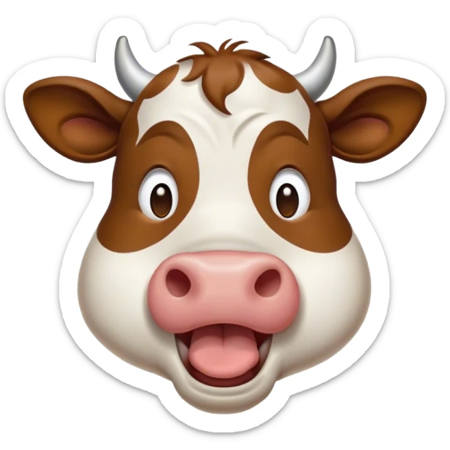 Cinematic Cute Yawning Brown and White Cow Portrait Emoji, Head tilted slightly with a dramatic, wide-open yawn, showcasing a smooth, patterned hide of brown and white, floppy ears slightly drooping, round brown eyes barely open in drowsy contentment, Simplified yet irresistibly adorable features, highly detailed, glowing with a soft, cozy glow, high shine, relaxed yet expressive, stylized with a touch of pastoral whimsy, bright and endearing, soft glowing outline, capturing the essence of a sleepy yet affectionate cow, so drowsy it feels like it could amble out of the screen and curl up for a nap! sticker