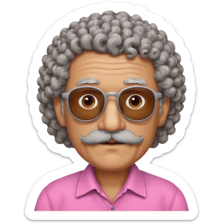 old guy with very curly hair and brown shades and big  pink mustache sticker