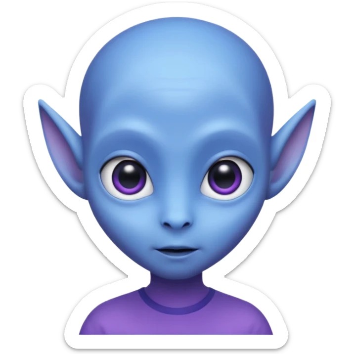 Portrait of an cute alien with smooth purple-blue skin, large black oval eyes, small nose, and visible ears, elongated head, front-facing, wearing blue t-shirt, soft glow, simple futuristic design sticker