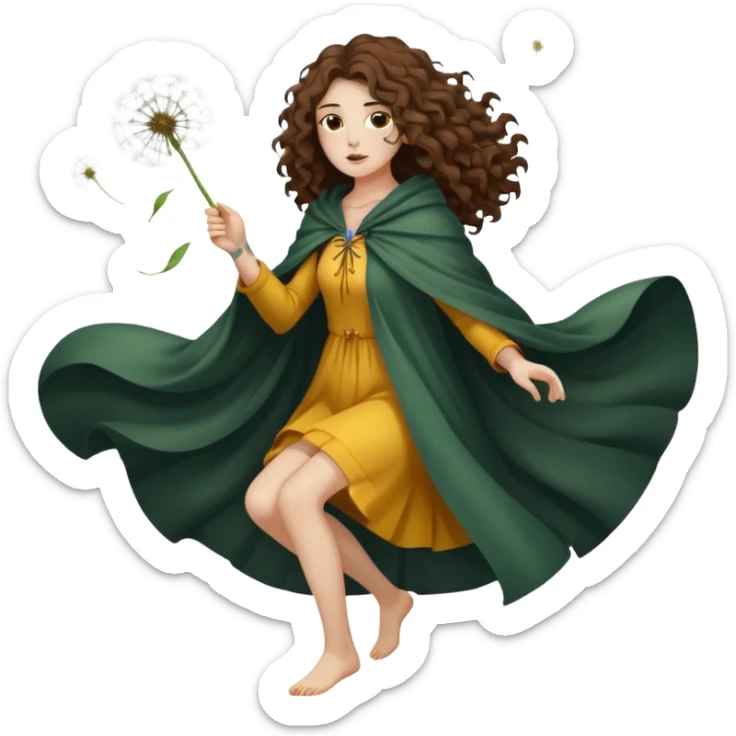 full body woman long curly brown hair brown eyes white skin tattoos dandelion seed cloak blowing apart around her sticker