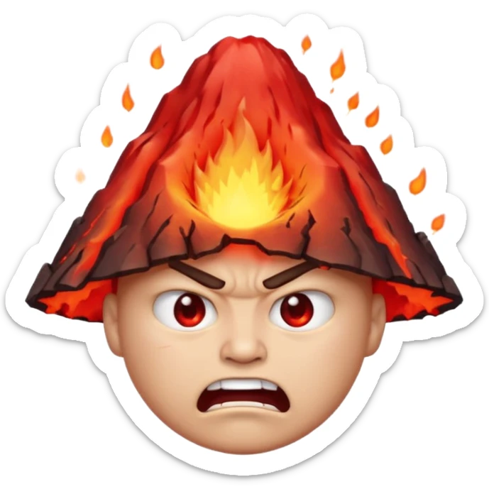 can i have an image of an red faced emoji with a small vocano th the top of its head erupting. i like the 4th image but make it with an angry face sticker