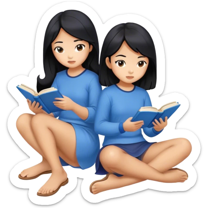 two asian girls black hair sitting reading blue books sticker