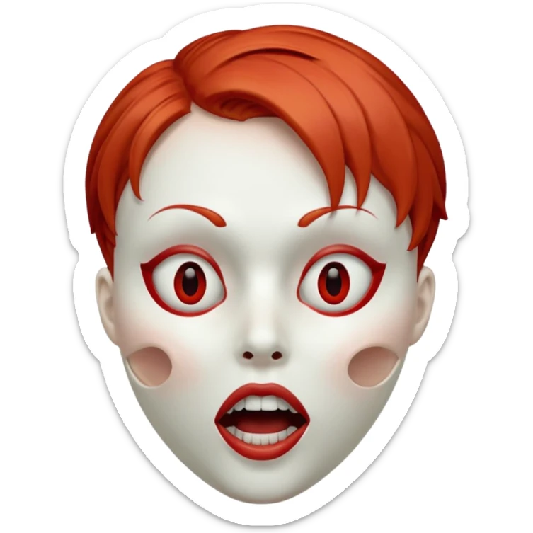 Empty mask resembling a head of a female with short red hair, hollow eye sockets and open mouth sticker