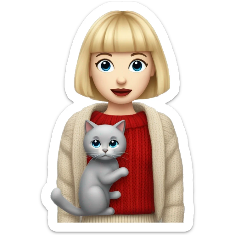 girl with blonde bob hair and bangs (a fringe) with blue eyes, long eyelashes and red lipstick wearing a red cable knit sweater. She must be holding a grey cat sticker
