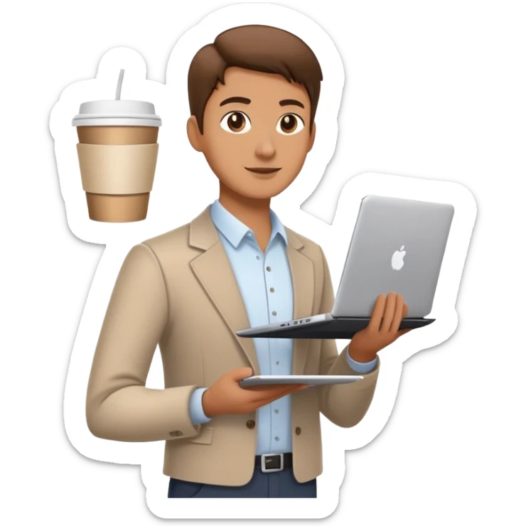 business owner confidently, holding a closed laptop in one hand and a takeaway coffee cup in the other. The character wears casual-smart clothes. sticker