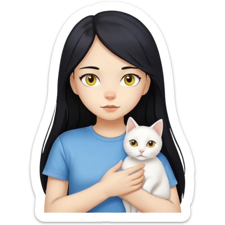 A girl with long black hair, fair-yellow skin, and brown eyes, wearing a white T-shirt, holding a white cat. The cat’s left eye is blue and its right eye is yellow. sticker