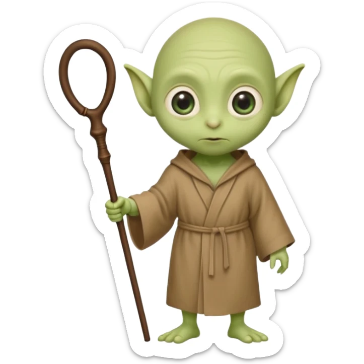 cute little green alien with bald wrinkly head, big oval eyes, big ears, short and stout body, wearing a brown robe and holding a short walking stick or cane sticker