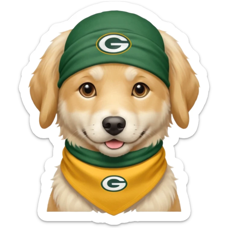 English cream golden retriever wearing a packers bandana around neck  sticker