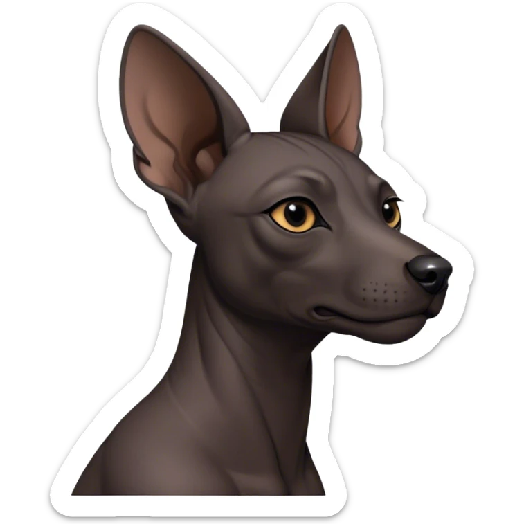 Cinematic Noble Xoloitzcuintle Portrait Emoji, Poised and regal, with a sleek, muscular build and smooth, hairless ebony skin accented by subtle wrinkles, deep-set soulful dark eyes, Simplified yet sharp and sophisticated features, highly detailed, glowing with a soft, dignified glow, high shine, intelligent and loyal, stylized with an air of ancient grace, focused and attentive, soft glowing outline, capturing the essence of a watchful and confident guardian, so majestic it feels as though it could stride out of the screen with effortless authority! sticker