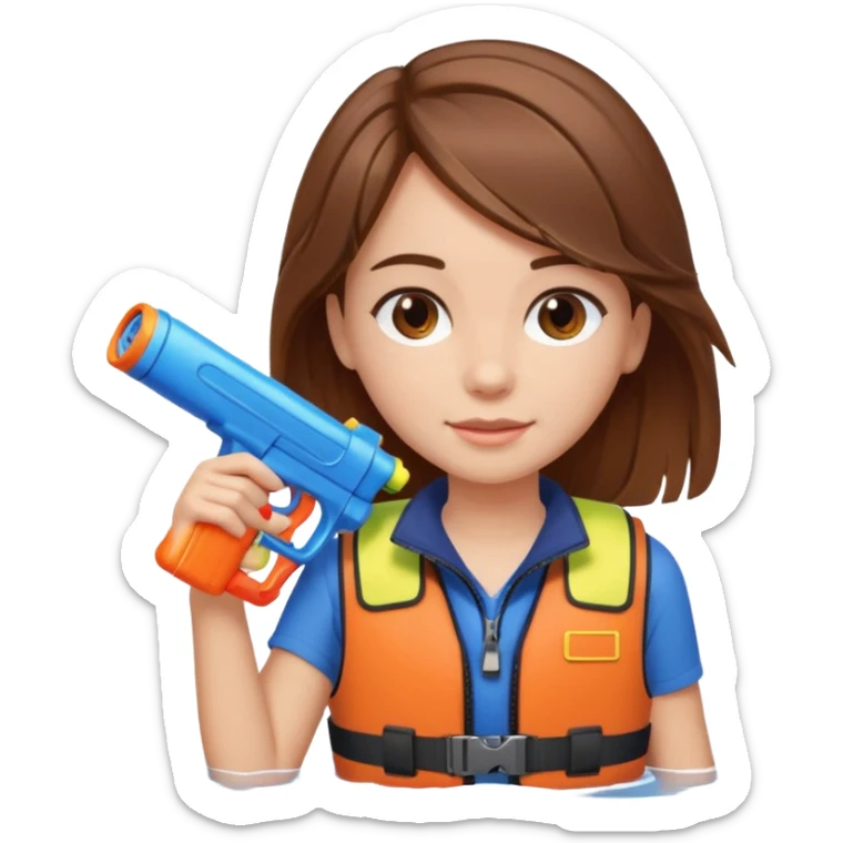 brown haired girl holding a water gun on the toilet while on a boat sticker