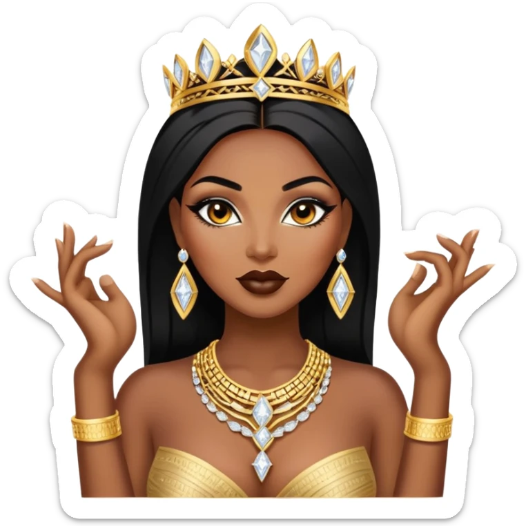 exotic African American woman with dark brown skin, straight black hair, glamorous makeup, gold jewelry, diamonds, curvy and confident, stylish and sexy sticker