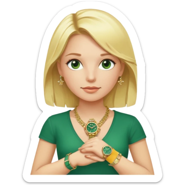 Breitling green faced watch on blonde girl wrist with gold necklace and gold bracelets sticker