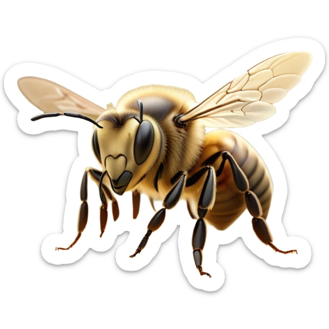 Beautiful and Majestic Bee Portrait Emoji, Head and body rendered in serene repose with a gentle, content smile, showcasing a tiny, fuzzy form with softly closed delicate wings and eyes in tranquil slumber, Simplified yet exquisitely endearing features, highly detailed, glowing with a soft, drowsy golden light, high shine, relaxed and utterly noble, stylized with an air of regal natural beauty, soft glowing outline, capturing the essence of a majestic bee that embodies the timeless charm of nature! sticker