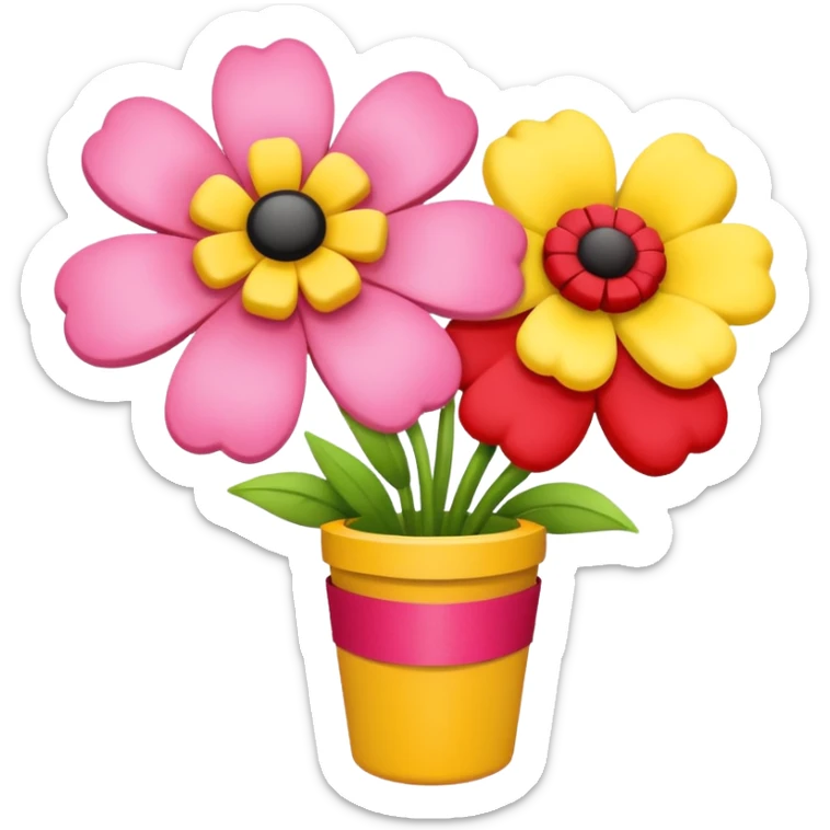 Two flowers one pink and one red in yellow bouquet with red band  sticker
