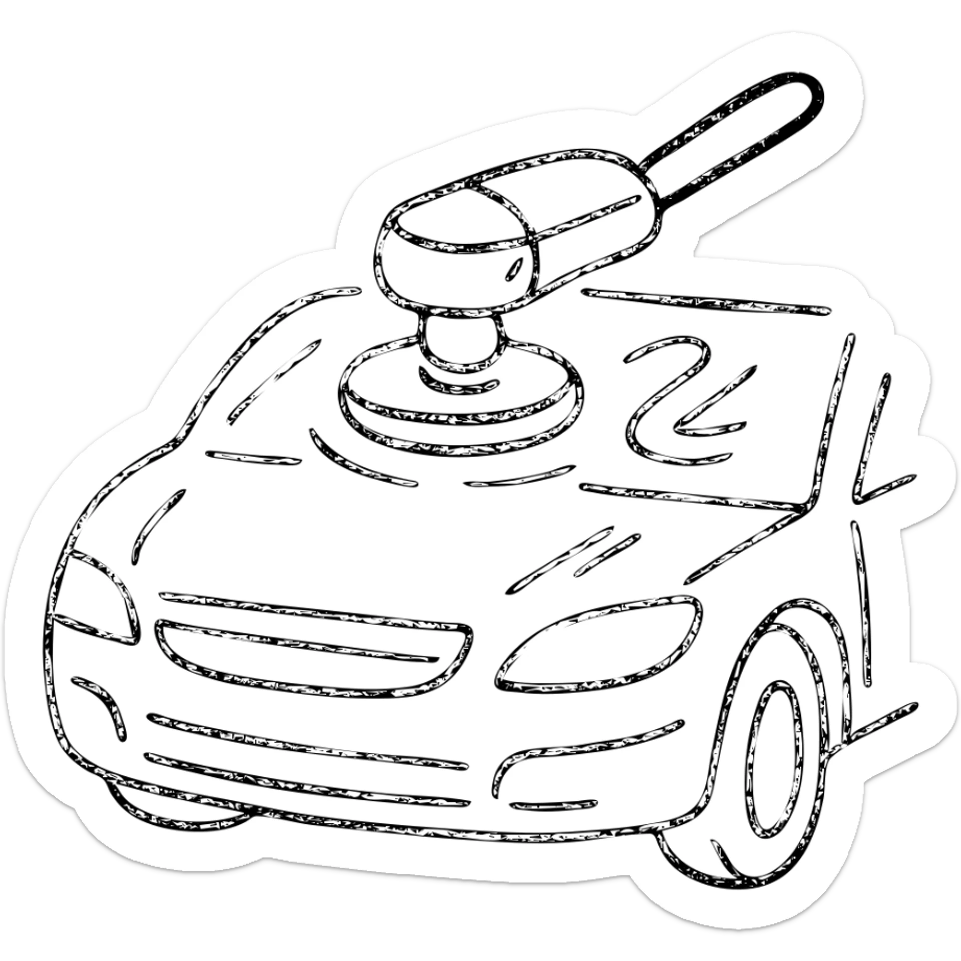 hand-drawn outlined icon of a polishing machine on a black car hood, silver details, reflection and soft shine waves, clean and modern sticker