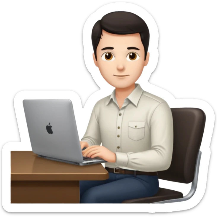 Rich man working setting on a chair in shirt, dark hair, and near the desk with laptop he is german very beautiful looks like sticker