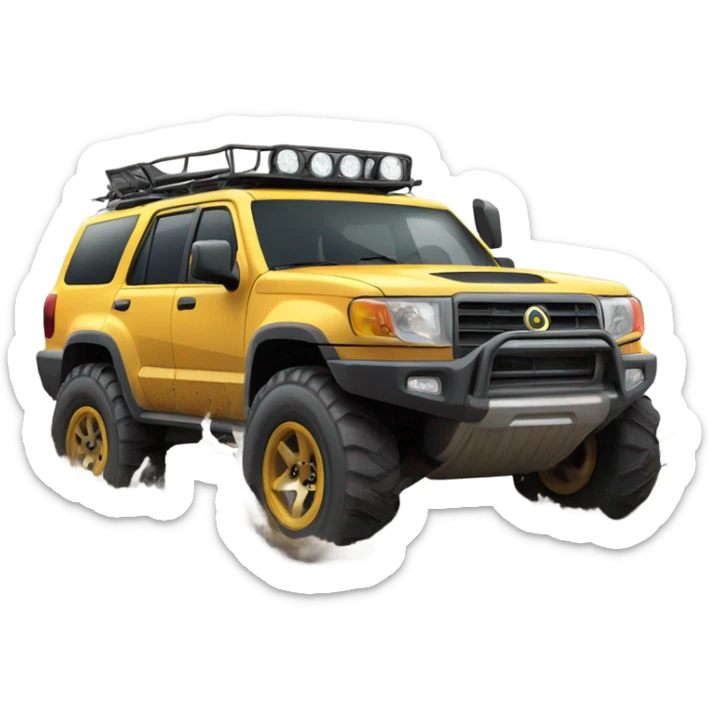 An off-road SUV facing a road full of mud and rocks, with big tires and mud splashing around, showing resistance and adaptability. sticker
