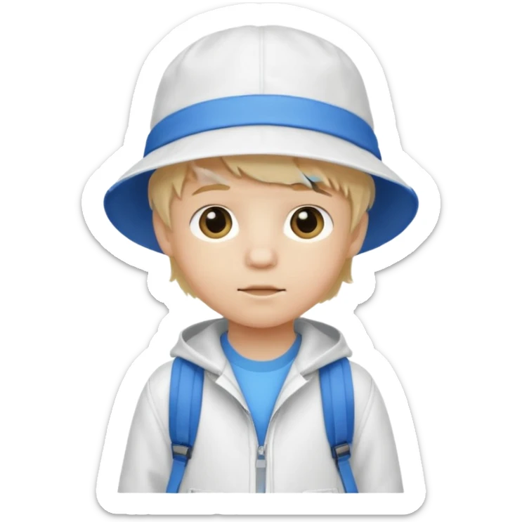 A little boy student white skin, blonde hair, with white bucket hat, white jacket, blue backpack sticker