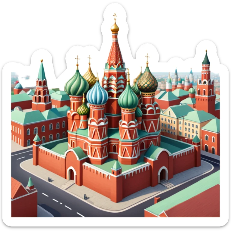 Isometric illustration of Moscow, featuring photorealistic Moscow with colorful onion domes, hand-drawn painterly details, subtle texture on bricks and roofs, realistic shadows and soft lighting, muted yet vivid color palette, diorama miniature effect. sticker