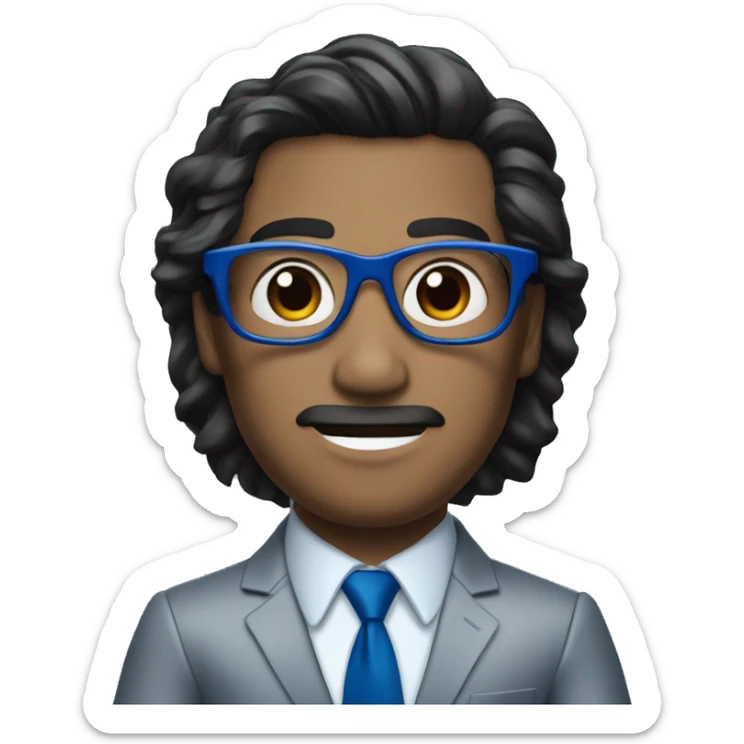 man in blue suit and red tie, black eyes with metallic glasses, black hair, showing hands sticker