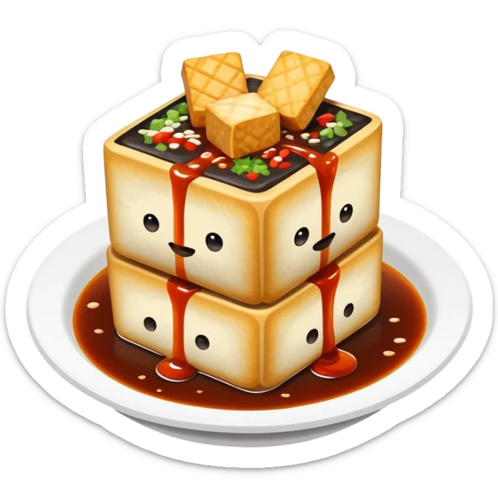 Changsha stinky tofu with dark appearance and sauce, simplified emoji style with bold outlines and bright colors, cartoon style Hunan specialty street food sticker