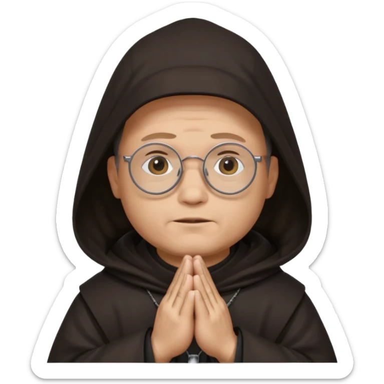 Monk priest prayer black habit with hood round black glasses done light brown wavy hair under hood remove the medallion smaller more round glassed age 46 remove necklace thinner or more oval face  sticker