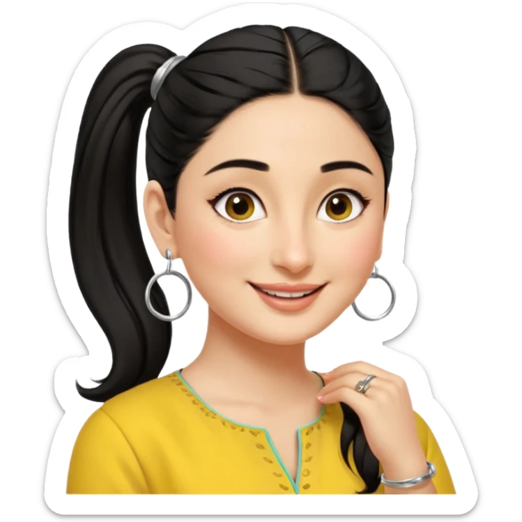 generate a pretty bratz emoji that looks like Kareena Kapoor's Geet character. 
Make her wear a yellow kurti, silver hoops, black hair in a ponytail. smiling big

She should look like Kareena Kapoor sticker