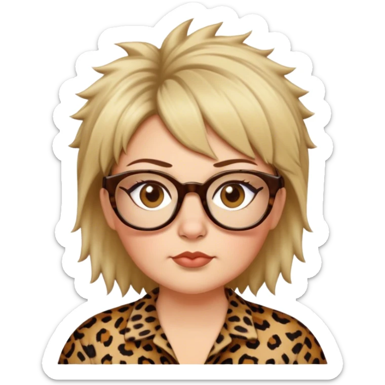 chuby white women dressed in leopard with short medium brown and blonde shaggy spiked hair wearing glasses with hazel color eyes and wide flat nose sticker