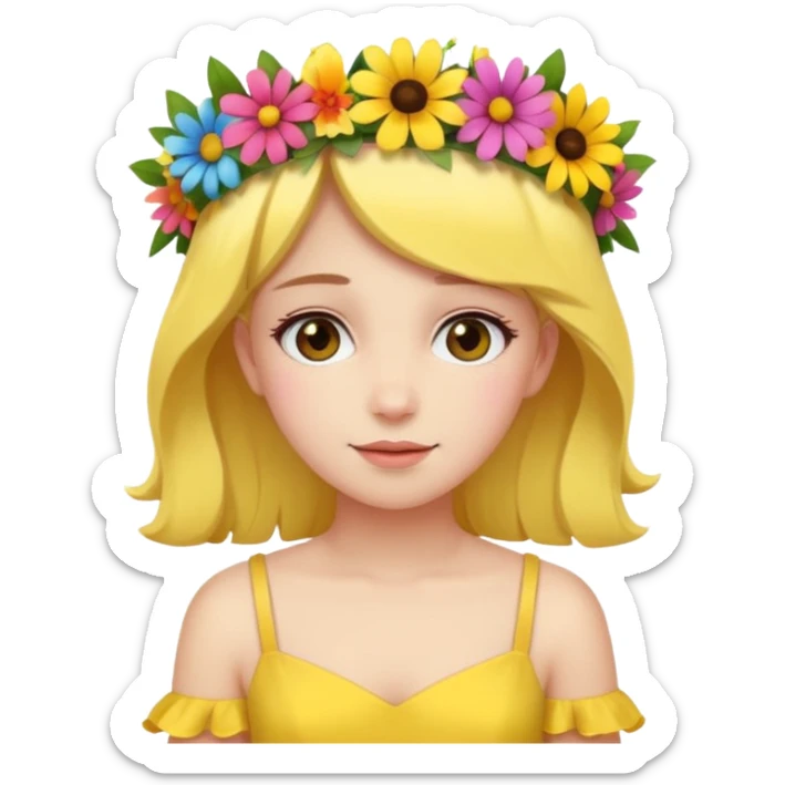 girl with flower crown in yellow dress and colored flowers sticker