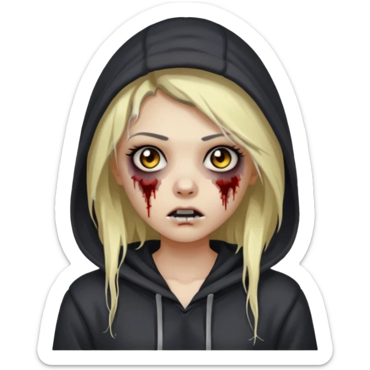 Draw a zombie girl with dark black hair with blonde highlights, long hair, and a hoodie. sticker