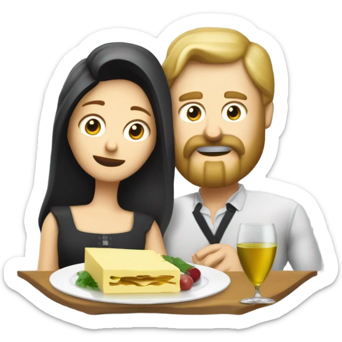 Repas raclette et deux verres de vin blanc en couple, femme blonde cheveux aux-dessus des épaules homme petite barbe et moustache grisonnantes et cheveux bruns grisonnant  sticker