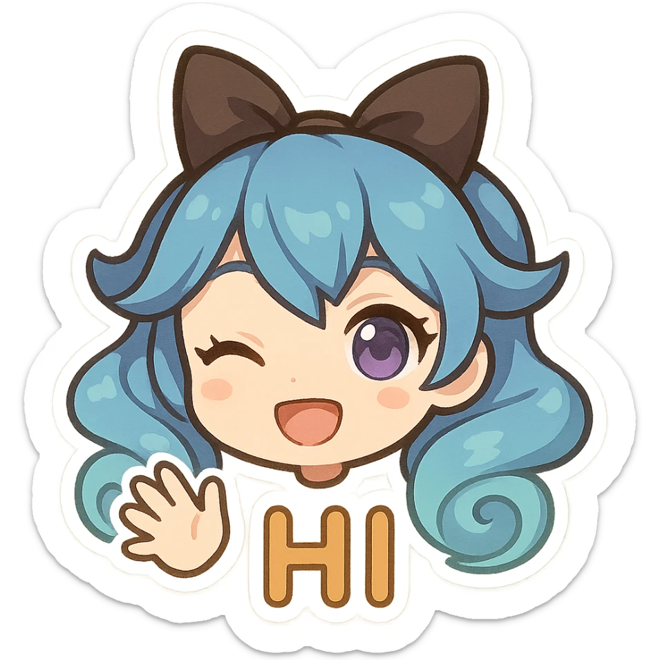 Gwen from League of Legends, hi emote, chibi style, only head, right eye purple, waving hand, sample 3 sticker