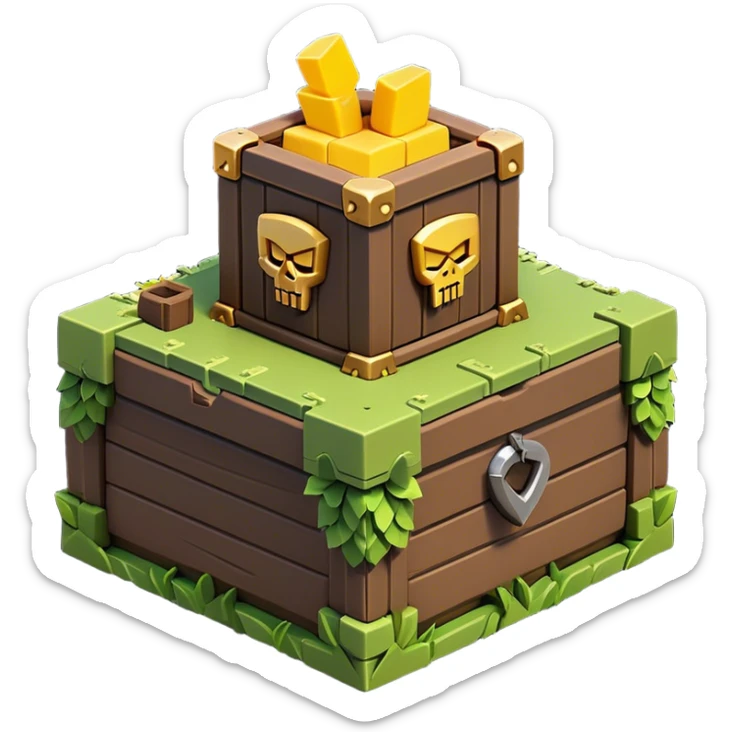 Clash of Clans aesthetic: Cinematic Playful Pixel 3D loot crate Emoji, rendered in a 3D vector-style similar to standard emojis with minimal shading and bold, simplified shapes. A compact, distinct form with signature details, softly glowing with a pixelated adventure charm. Simplified yet unmistakably iconic, highly detailed and consistent, glowing with a soft radiance and high shine. Stylized with a touch of classic pixel-art charm and a soft glowing outline, capturing the essence of a beloved gaming relic with a friendly, playful manner! sticker