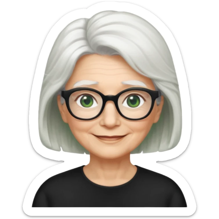 White hair grandma, green eyes, hair to shoulder, lokeg black glasses, rectangles face, smile , sticker