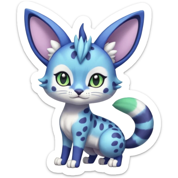 Exotic tropical shiny cute realistic Cobalt-Blue green purple black white Purloin-Meowstic-Minccino-Cinccino-serval-Meowth-caracal-fusion-hybrid-creature (full body) sticker