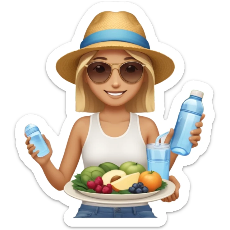 A person in the sun, with a plate of whole foods, water bottle, and glowing bed behind them. Nearby, smiling friends gather—symbolizing balance, healing, and connection through simple daily rituals. sticker