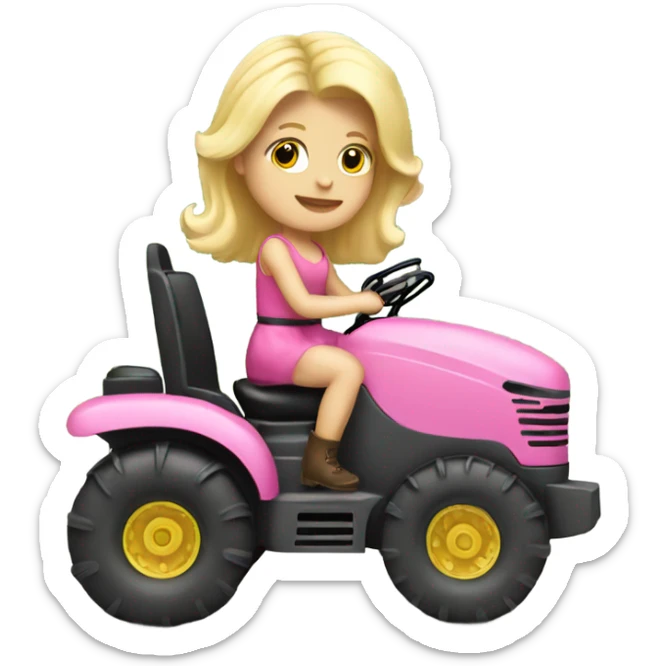 Blonde girl riding a tractor wearing a pink poofy dress and a tiara sticker