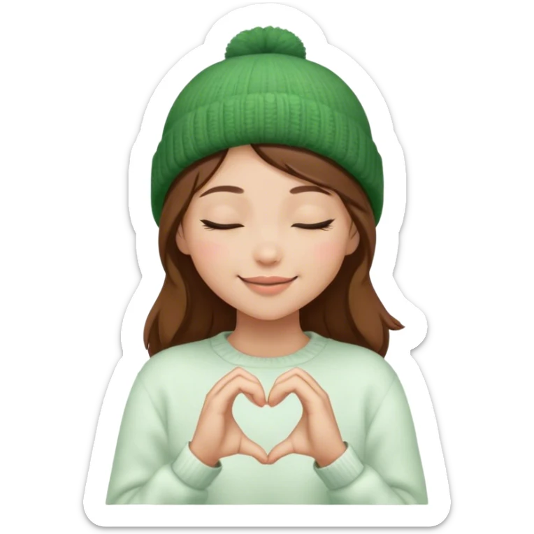 closed eyes peaceful brown hair girl closed eyes stylish in a green beanie hat in white sweater smiling making heart from her hands  sticker